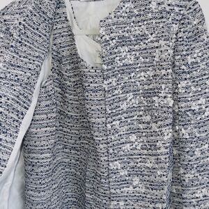 Lourdes Chavez Womens Sequined Tweed Jacket & Top Set Blue White  USA 12/14